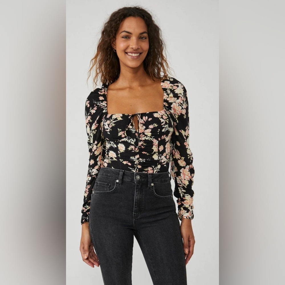 NWT Free People Hilary Top Black Floral Ruched Square Neck Top S L